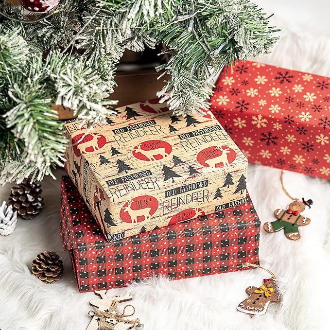 RUSPEPA Christmas Wrapping Paper, Kraft Paper - Red and Black Christmas Designs - 4 Rolls - 30 inches x 10 feet per Roll