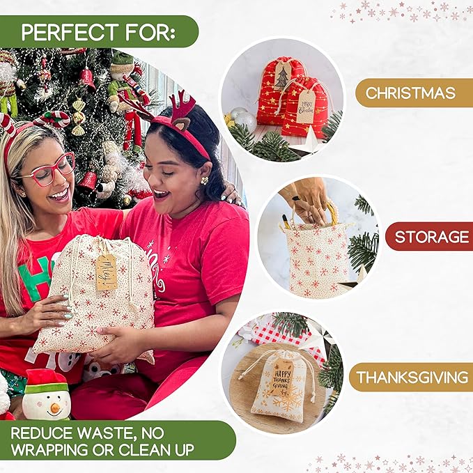 12 Pack Reusable Christmas gift bags with 15 gift tags. Gift sacks. Fabric drawstring holiday gift bags in assorted sizes. Xmas bags for presents, parties & stocking stuffers. (CE2)