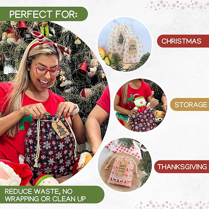 12 Pack Reusable Christmas gift bags with 15 gift tags. Gift sacks. Fabric drawstring holiday gift bags in assorted sizes. Xmas bags for presents, parties & stocking stuffers. (CE4)