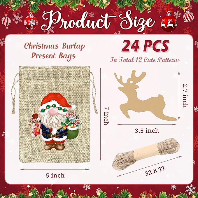 BORAMDO Christmas Burlap Gift Bags with Drawstrings, Watercolor 12 Designs, Linen Wrapping Bags, Small Treat Candy Bags for Holiday Party Favors