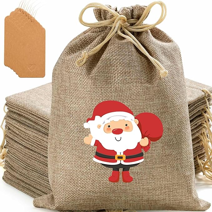 Homum 25 Pcs Christmas Burlap Gift Bags with Drawstring and Tags - 7x9 Inch Tiny Small Gift Bags for Xmas Candy and Christmas Supplies