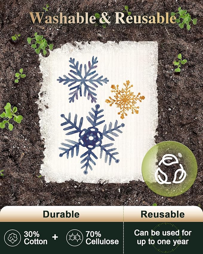 Christmas Swedish Dishcloths for Kitchen - 5 Pack Reusable Dish Cloths for Washing Dishes Absorbent Cute Winter Theme Kitchen Towels Cleaning Sponge, Blue Xmas Theme