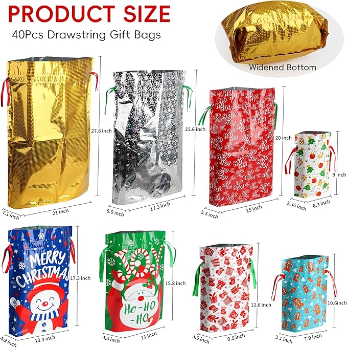 POPGIFTU 40-Pack Christmas Drawstring Gift Bags – 8 Festive Designs | Reusable Foil Holiday Wrapping Bags with Tags | Assorted XL/L/M/S Santa Xmas Gift Bags