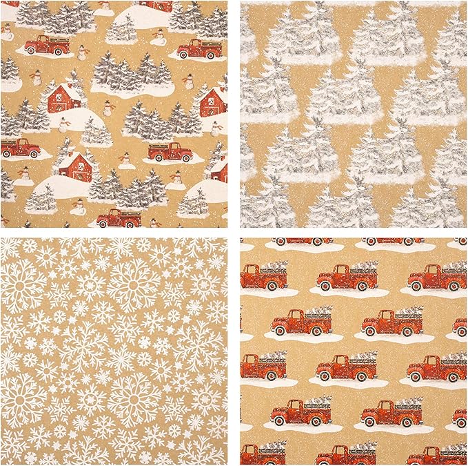 RUSPEPA Christmas Wrapping Paper, Kraft Paper - Snowflake, Snowman, Red Truck and Christmas Tree - 4 Rolls - 30 inches x 10 feet per Roll