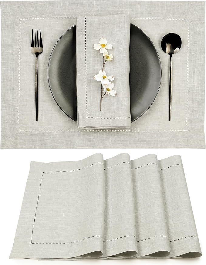 D'Moksha Homes Silver Grey Linen Cloth Placemats Set of 4-100% Pure Linen Hemstitch Placemats 14 x 19 Inch - Classic Hemstitch Table Place Mats for Christmas - Handcrafted and Machine Washable