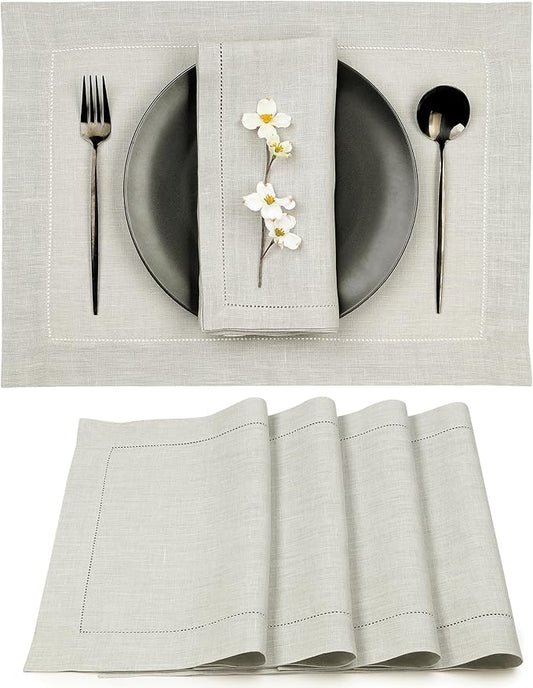 D'Moksha Homes Silver Grey Linen Cloth Placemats Set of 4-100% Pure Linen Hemstitch Placemats 14 x 19 Inch - Classic Hemstitch Table Place Mats for Christmas - Handcrafted and Machine Washable