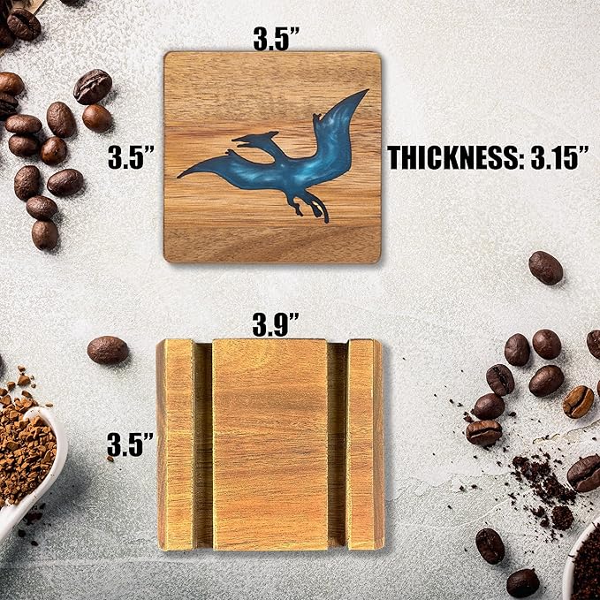 4Pcs Drink Coaster Set with Napkin Holder Conversion Base Acacia Wood with Unique Resin Dinosaurs Design for Kinds of Cups Tabletop Protection and Decor for Coffee Table Ideas for Gifts