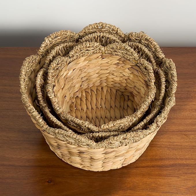 Isidore Water Hyacinth Storage Baskets, Round Woven Set of 3, Natural Brown, Pantry Organizer for Kitchen and Bathroom Storage