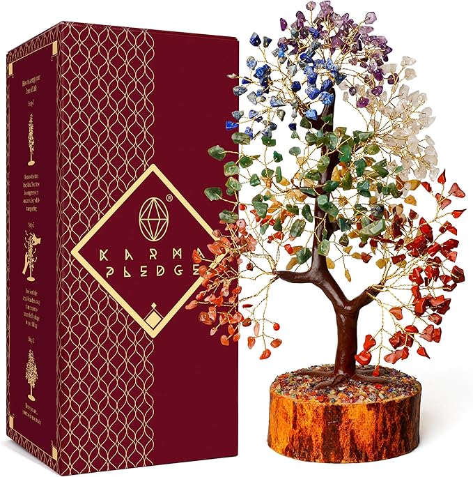KARMAPLEDGE Crystal Tree 7 Chakra Healing Crystals for Home, Office Desk & Living Room Decor, Handmade Bonsai Trees for Positive Energy, Money, Good Luck Birthday Gifts for Women, Mom (500 Beads)
