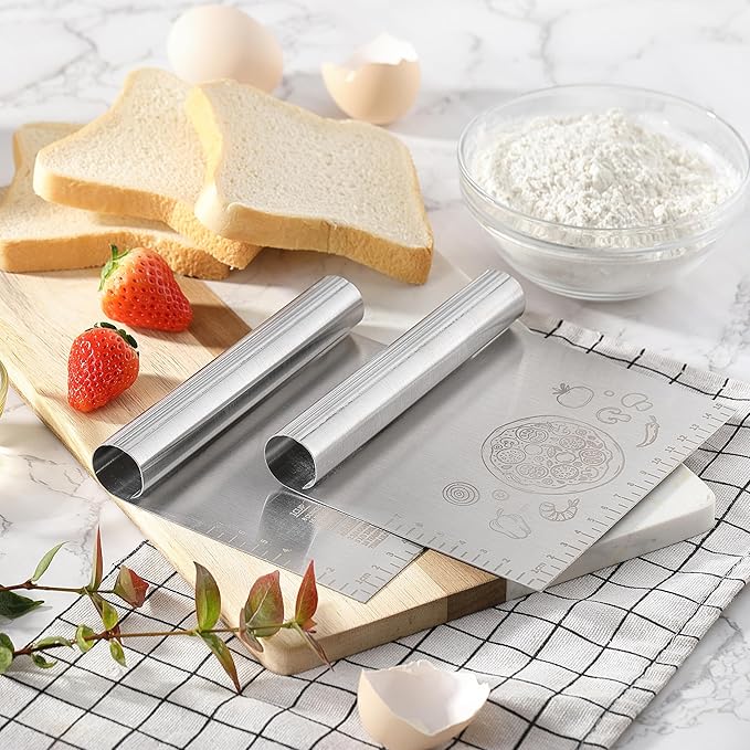 2PCS Bench Dough Scraper Cutter, LCCOWOT Stainless Steel Kitchen Food Scraper Chopper with Matched Protective Cover, 6 inch Bench Knife for Banking & Cooking (2Pack, Silver)
