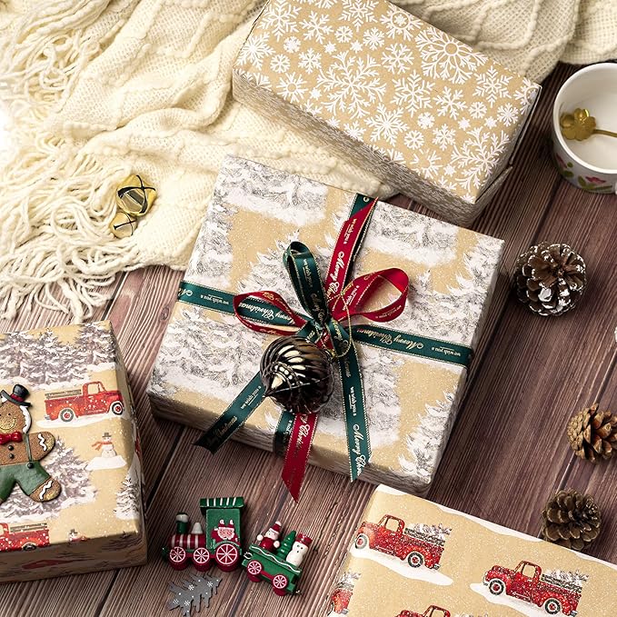 RUSPEPA Christmas Wrapping Paper, Kraft Paper - Snowflake, Snowman, Red Truck and Christmas Tree - 4 Rolls - 30 inches x 10 feet per Roll