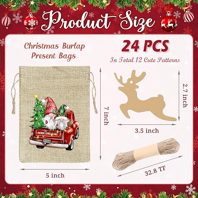 BORAMDO Christmas Burlap Gift Wrapping Bags with Drawstrings 24Pcs, Christmas Red Truck Linen Treat Candy Bags for Holiday Party Favor Supplies
