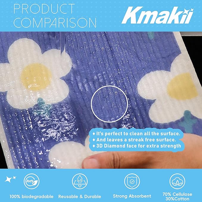 KMAKII Swedish Dishcloths Reusable, Absorbent, Quick-Drying Sponge Cloths for Kitchen and Counter Cleaning, Reusable Dish Towels and Dish Cloths, Color, Pack of 10 Pcs