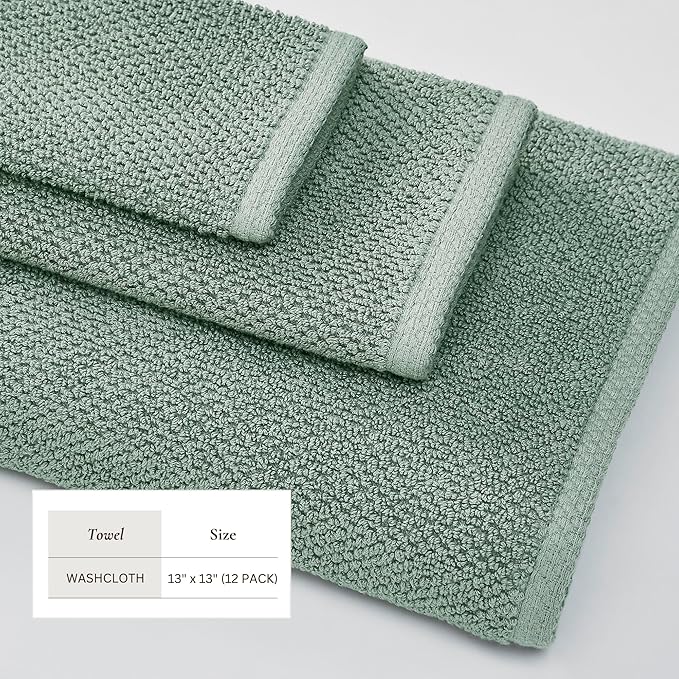 Great Bay Home Green Washcloth Set – 100% Cotton 12-Pack 13"x13", Absorbent & Quick-Drying, Soft & Durable