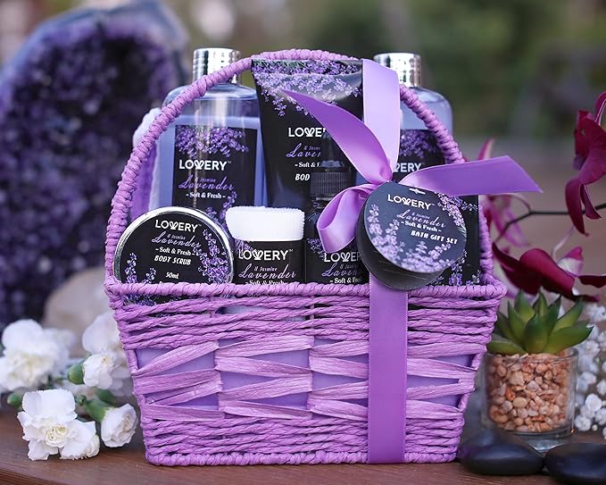 Christmas Gifts, Spa Gift Basket, Luxury 9 Piece Bath & Body Set For Women & Men,Lavender & Jasmine Scent With Shower Gel, Bubble Bath, Lotion, Bath Salt, Body Scrub,Massage Oil, Loofah & Basket