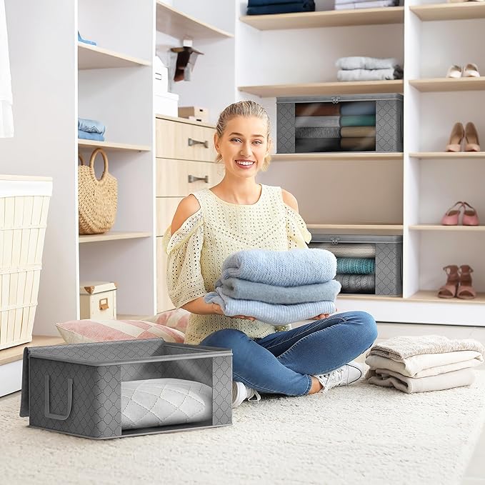 Sorbus Medium Clothes Storage Bags - Foldable Blanket Storage Bins for Organizing Bedroom, Closet, Clothing, Comforter, Organization with Clear Window, Lids and Carry Handles - Set of 6