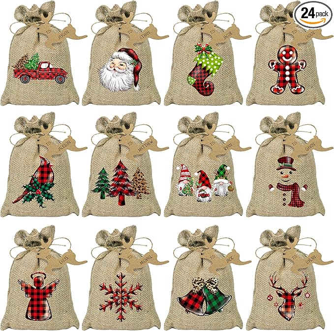 BORAMDO Christmas Burlap Gift Wrapping Bags with Drawstrings 24Pcs, Christmas Buffalo Plaid Linen Treat Candy Bags for Holiday Party Favor Supplies