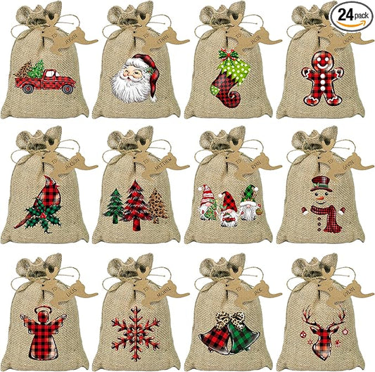BORAMDO Christmas Burlap Gift Wrapping Bags with Drawstrings 24Pcs, Christmas Buffalo Plaid Linen Treat Candy Bags for Holiday Party Favor Supplies