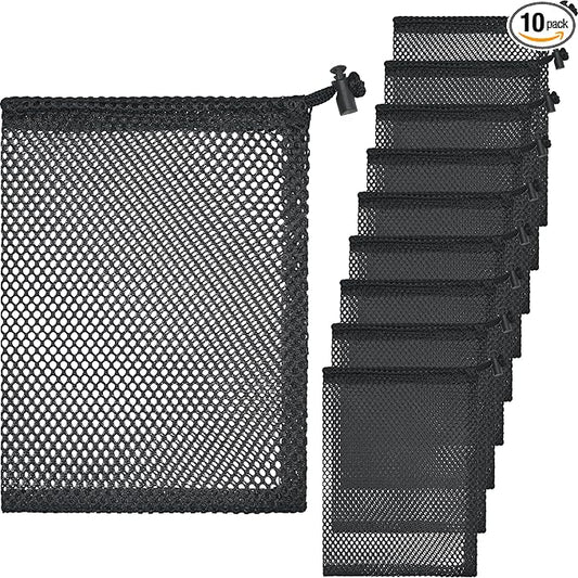 10 Pcs Mesh Drawstring Bag 6" x 8" with Cord Lock Closure, Durable Mesh Bag for Laundry Travel Beach Toys Seashell Collecting (Black)