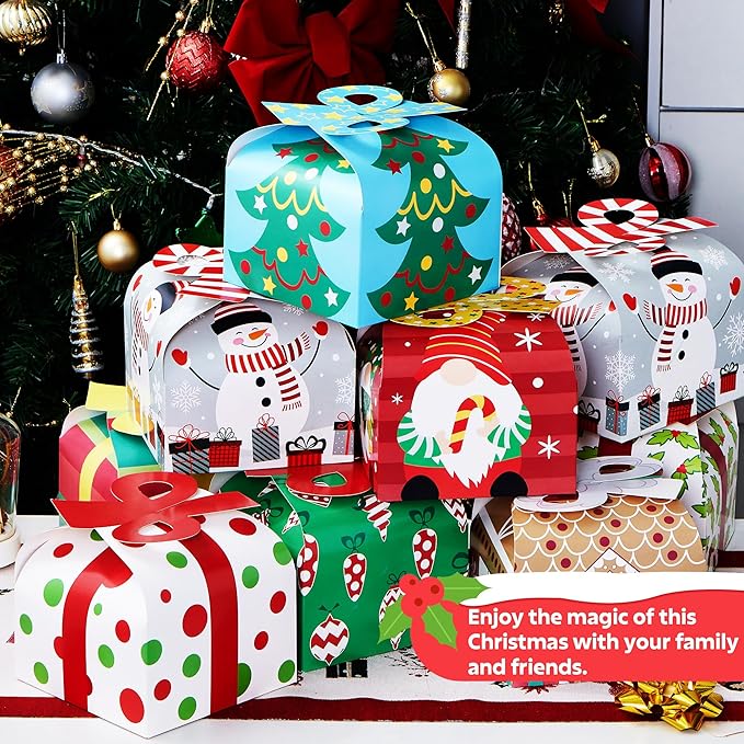 JOYIN 24 PCS 3D Christmas Goody Gift Boxes with Bow for Holiday Xmas Goodie Paper Boxes, School Classroom Party Favor Supply, 6” x 6” x 5.5” 8 Designs Candy Treat Cardboard Cookie Box for Gift Giving