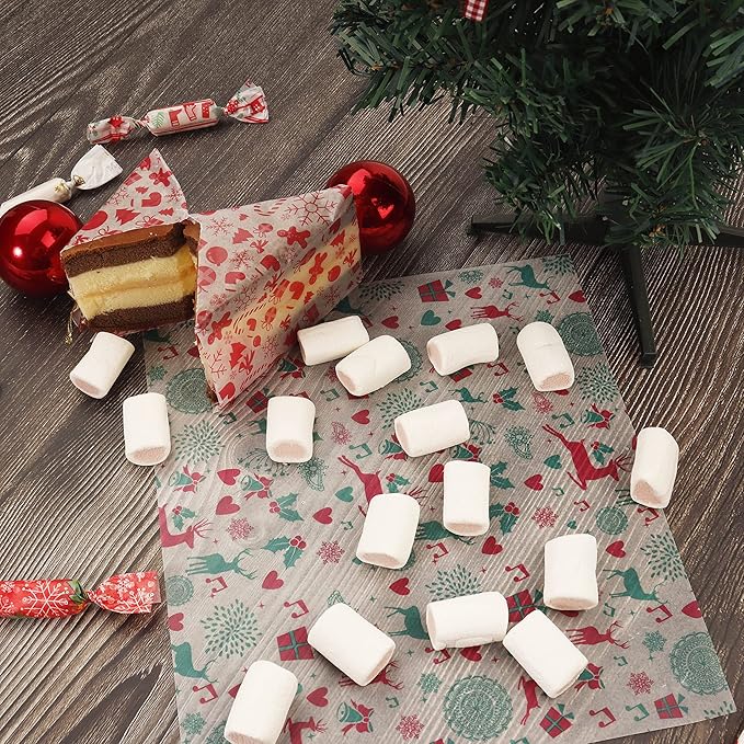 YBB 100Pcs Christmas Deli Wax Paper Sheets for Food, Basket Liners Food Picnic Paper Sheets Greaseproof Deli Wrapping Sheets, 10 x 8.6 Inch (Christmas)