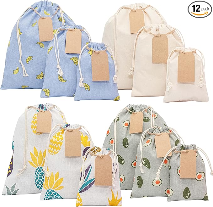 12 pcs Reusable gift bags. Bonus: 15 Gift tags & String. Multipurpose Gift wrap bags. Fabric gift bags. Gift bags assorted sizes for Holiday gifts, birthdays, parties. 9th Ed.
