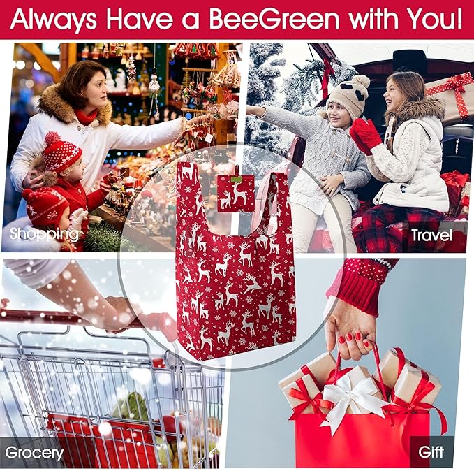BeeGreen Christmas Reusable Grocery Bags with Zipper Storage Pouch 10 Packs Deer Reusable Shopping Bags Bulk with Elastic Band Foldable-Machine Washable Christmas Gifts Tote Bags