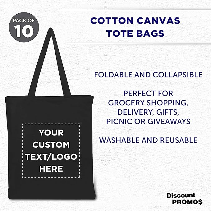 DISCOUNT PROMOS Custom Cotton Canvas Tote Bags Set of 10, Personalized Bulk Pack - Reusable, Great for Shopping, Grocery, Beach, Picnic, Wedding Favors - Black