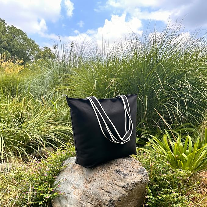 16OZ Cotton Canvas Zipper Closure Lined Grocery Shopping Beach Casual Multi Purpose Tote X-Large