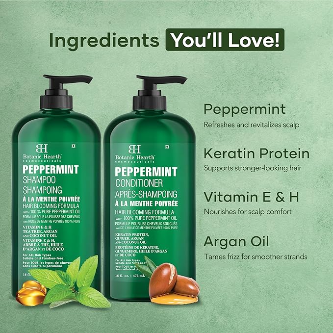 Botanic Hearth Peppermint Oil Shampoo And Conditioner Set | Hair Blooming Formula With Keratin | Fights Hair Loss | Sulfate Free For Men And Women | 16 Fl Oz X 2
