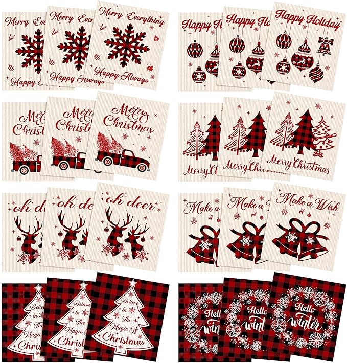 Sunnyray 24 Pcs Swedish Kitchen Dish Cloths Kitchen Towels Reusable Sponge Cleaning Cloths Wipes Absorbent Washable Dish Rags for Bathroom Cleaning(Red and Black,Bright Style)
