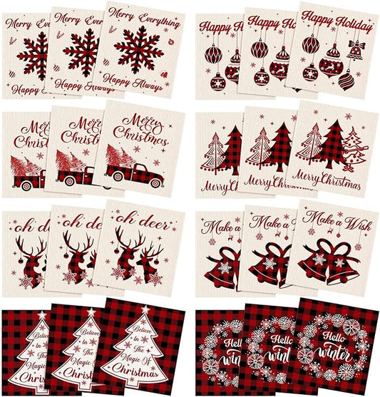Sunnyray 24 Pcs Swedish Kitchen Dish Cloths Kitchen Towels Reusable Sponge Cleaning Cloths Wipes Absorbent Washable Dish Rags for Bathroom Cleaning(Red and Black,Bright Style)