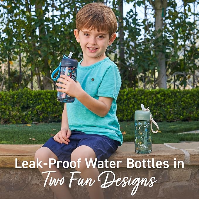 Bentgo Kids Water Bottle 2-Pack - Leak-Proof, Durable Tritan, BPA-Free 15 oz. Cup for Kids/Toddlers Ages 3+, Safe Sip Spout, & Dishwasher Safe for School/Sports/Daycare/Camp (Dinosaur/Dino Fossils)