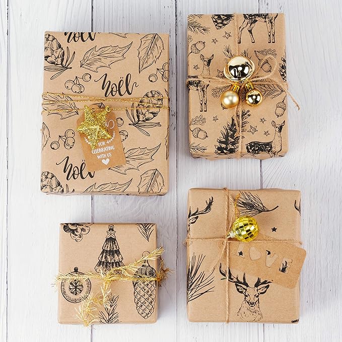 RUSPEPA Christmas Wrapping paper - Brown Kraft Paper with Black Christmas Elements Print Paper - 4 Roll-30Inch X 10Feet Per Roll