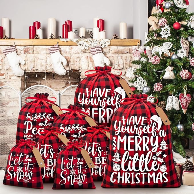 10 PCS Christmas Drawstring Gift Bags with Tags, Buffalo Plaid Xmas Gift Bags Assorted Sizes Bulk, Cotton Fabric Holiday Gift Bag Large Medium Small Wrapping Bag for Xmas Presents Decor Party Favors