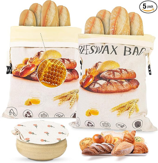 3-Pack Reusable Beeswax Bread Bags for Homemade Bread Sourdough, 2 Natural Beeswax 100% Linen Moisture-proof Lined Storage Bags with Buckle& 1 Bowl Covers –Keeps Bakes Fresh Longer (Bread print color)