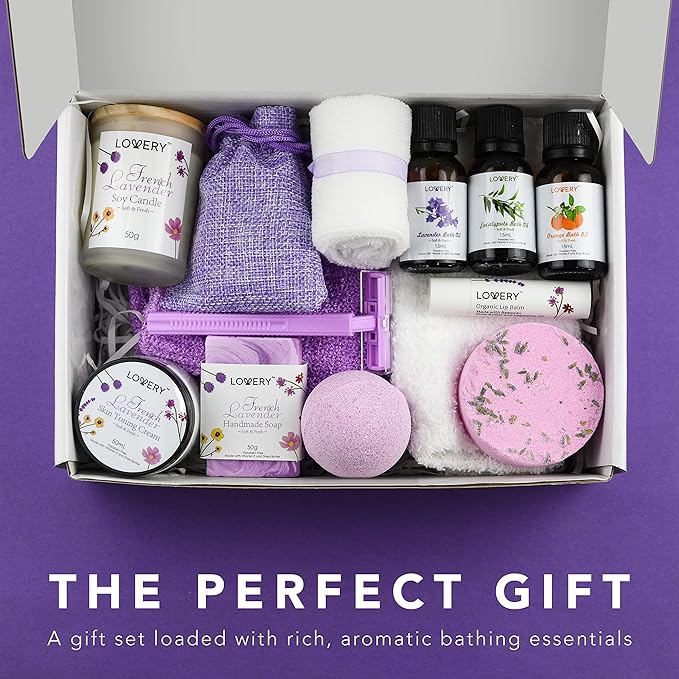 Christmas Bath Gift Set, 18pc French Lavender Relaxation Spa Gift Basket for Women & Men, Handmade Gift Box, Body Oils, Organic Lip Balm, Scented Candle, Bath Bomb & More, Spa Kit Gift for Birthday