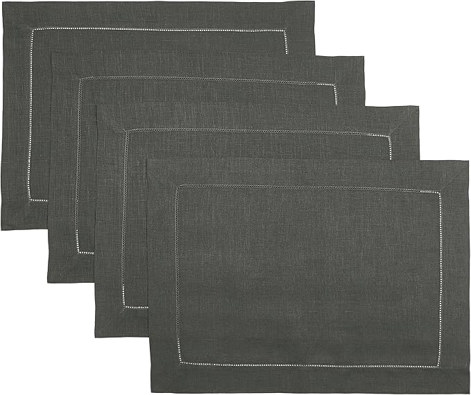 D'Moksha Homes Linen Placemats Set of 4 - Classic Hemstitch Charcoal Grey Placemats 14 x 19 Inch - 100% Pure Linen Table Mats for Christmas, Holiday - Handcrafted and Machine Washable