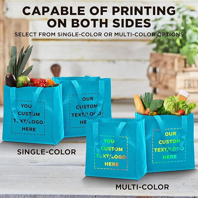 DISCOUNT PROMOS Custom Reusable Cloth Grocery Shopping Tote Bags Set of 10/50/100, Personalized Bulk Pack - Foldable, Washable, Shopper Bag - Sky Blue