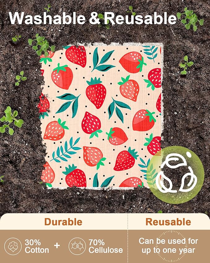 Swedish Dishcloths for Kitchen with Hooks - Reusable Dish Cloths for Washing Dishes Fast Drying Cute Fun 5 Pack Swedish Dish Towels Washable Cleaning Sponge, Fruit