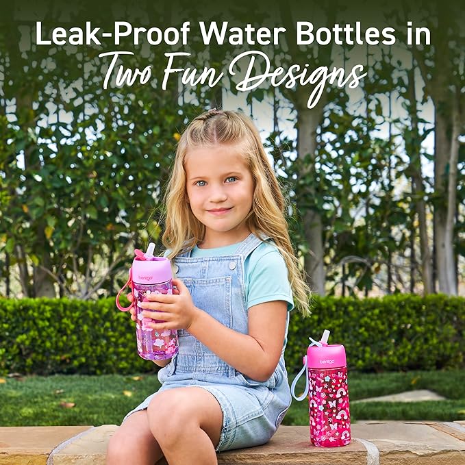 Bentgo Kids Water Bottle 2-Pack - Leak-Proof, Durable Tritan, BPA-Free 15 oz Cup for Kids/Toddlers 3+; Flip-Up Straw; Dishwasher Safe for School/Sports/Daycare/Camp (Rainbows & Butterflies/Fairies)