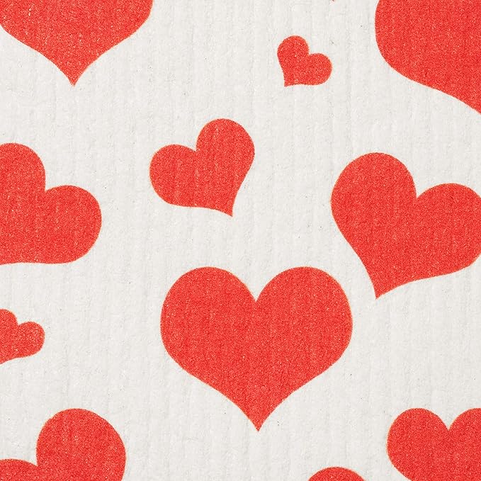Swedish Dishcloths 2 Pack Red Flying Hearts Print Reusable Sponges Kitchen Cleaning Cloth Dish Scrubber, Machine Washable, Measures 7.87”x6.88 inches.