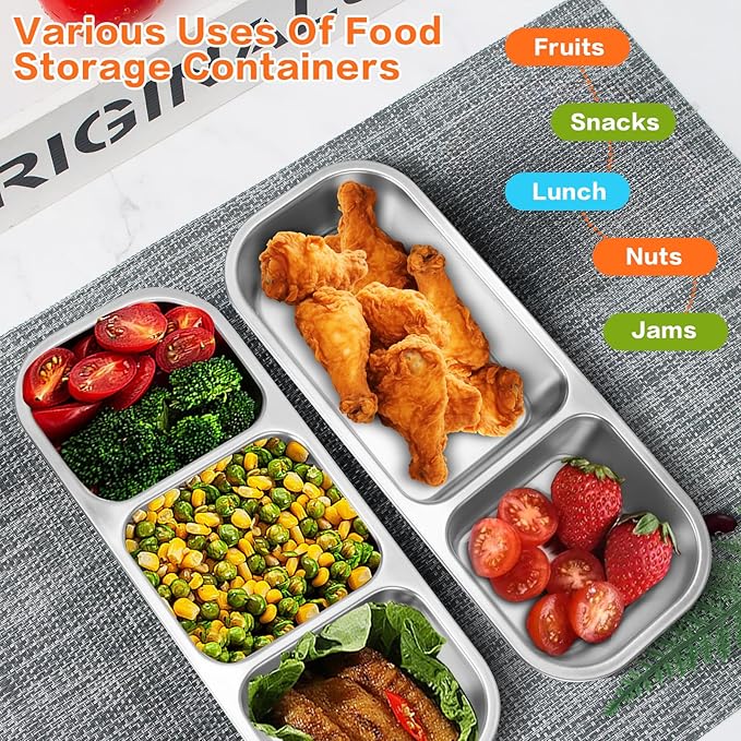 4 Pack Stainless Steel Bento Box with Lids, 304-Grade, 2-Compartments Food Storage Containers, Reusable Snap-on Lid Snack Containers Set, Meal Prep Lunch Box with Covers (24 oz / 700ml)