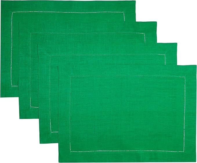 D'Moksha Homes Linen Placemats Set of 4 - Classic Hemstitch Kelly Green Placemats 14 x 19 Inch - 100% Pure Linen Table Mats for Christmas, Holiday - Handcrafted and Machine Washable
