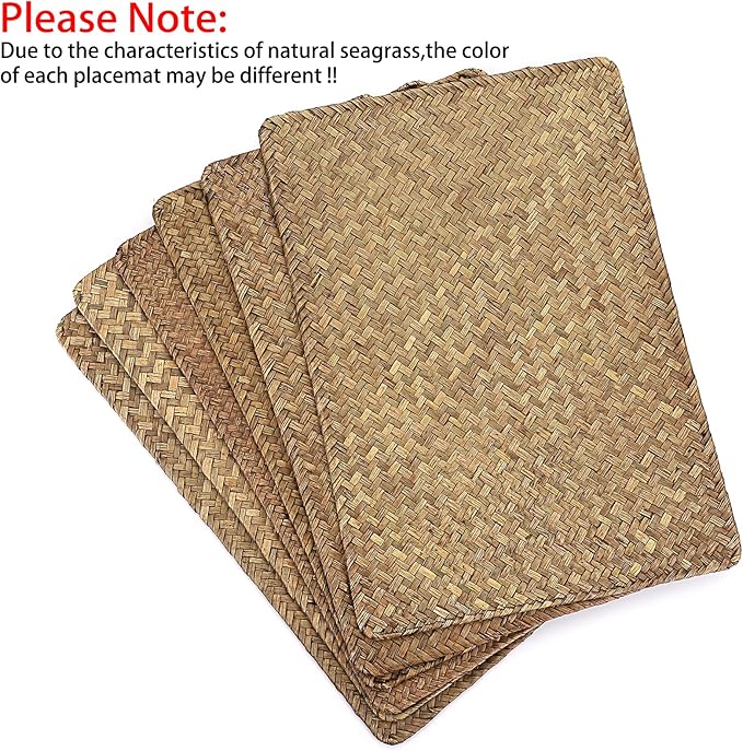 OwnMy Pack of 6 Natural Seagrass Placemats Woven Rattan Place Mat Rectangular Table Mats, 17" x 12" Sea Grass Meal Placemat Bamboo Place Mats for Dining Table Home Kitchen Picnic Table Decor (Coffee)