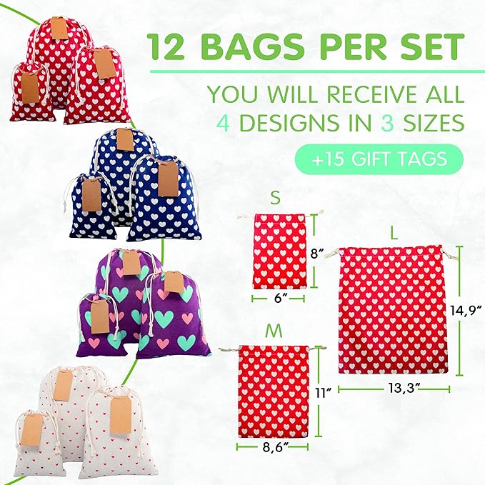 12 pcs Reusable gift bags. Bonus: 15 Gift tags & String. Multipurpose Gift wrap bags. Fabric gift bags. Gift bags assorted sizes for Holiday gifts, birthdays, parties. 15th Ed.