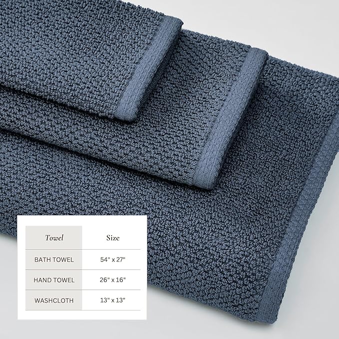 Navy Bath Towels - 100% Cotton 6 Piece Towel Set - 2 Bath Towels, 2 Hand Towels, 2 Washcloths - Absorbent, Quick-Drying, Durable Towel for Bathroom Decor - Low-Twist, Two-Ply Fibers (Stone Blue)