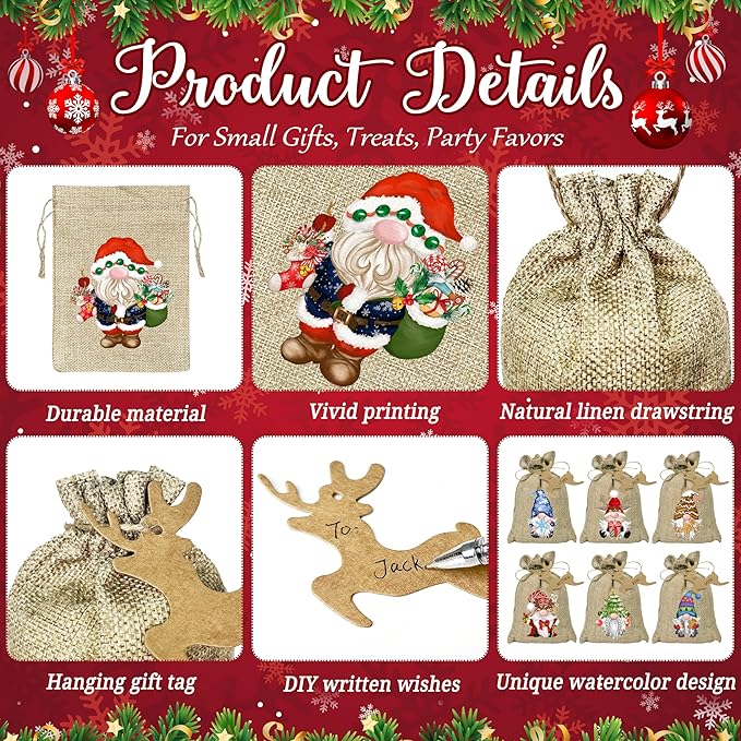 BORAMDO Christmas Burlap Gift Bags with Drawstrings, Watercolor 12 Designs, Linen Wrapping Bags, Small Treat Candy Bags for Holiday Party Favors