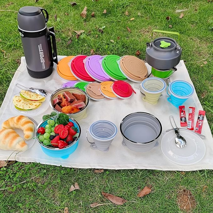 Mess Kit for Camping Silicone Collapsible Bowl Collapsible Cup and Stainless Steel Spoon for Backpacking Outdoor Hiking Traveling and Picnic - 2 Pack