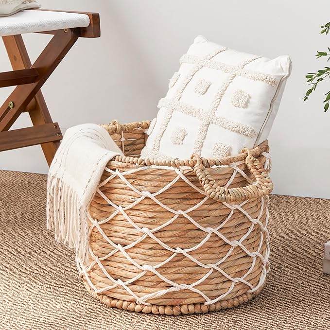 Round Water Hyacinth Woven Basket with Handles - 18" x 18" x 12.2" - Natural Brown - for Clothes, Towels, Canvas, Toys and Magazine Storage and Home Decoration